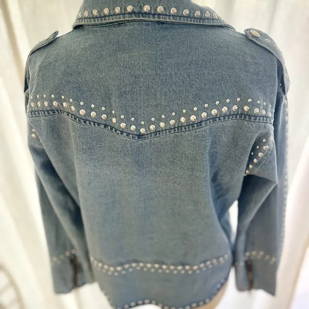 Cezele Studded Womens Denim Moto Jacket Large w/Tags Blue Western NWT - Picture 7 of 10